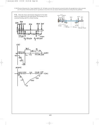 621
© 2010 Pearson Education, Inc., Upper Saddle River, NJ. All rights reserved.This material is protected under all copyright laws as they currently
exist. No portion of this material may be reproduced, in any form or by any means, without permission in writing from the publisher.
7–71. Draw the shear and moment diagrams for the lathe
shaft if it is subjected to the loads shown.The bearing at A is
a journal bearing, and B is a thrust bearing.
200 mm
100 mm 50 mm
50 mm
50 mm
50 mm
200 mm
40 N
80 N
60 N 100 N
50 N 40 N 50 N
A B
7 Solutions 44918 1/27/09 10:39 AM Page 621
 