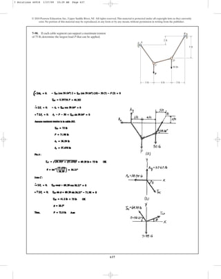 637
© 2010 Pearson Education, Inc., Upper Saddle River, NJ. All rights reserved.This material is protected under all copyright laws as they currently
exist. No portion of this material may be reproduced, in any form or by any means, without permission in writing from the publisher.
7–90. If each cable segment can support a maximum tension
of 75 lb, determine the largest load P that can be applied.
P
A
B
C
D
2 ft
3 ft
50 lb
5 ft
4 ft
3 ft
7 Solutions 44918 1/27/09 10:39 AM Page 637
 