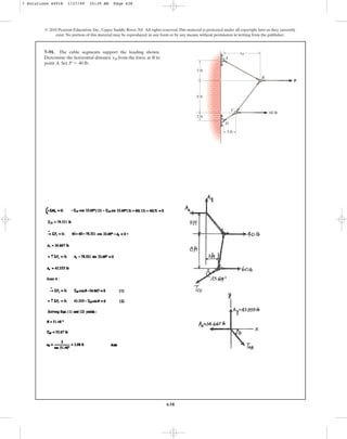 638
© 2010 Pearson Education, Inc., Upper Saddle River, NJ. All rights reserved.This material is protected under all copyright laws as they currently
exist. No portion of this material may be reproduced, in any form or by any means, without permission in writing from the publisher.
7–91. The cable segments support the loading shown.
Determine the horizontal distance from the force at B to
point A. Set .
P = 40 lb
xB
5 ft
2 ft
3 ft
60 lb
D
C
B
A
xB
8 ft
P
7 Solutions 44918 1/27/09 10:39 AM Page 638
 