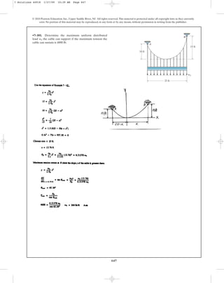 647
© 2010 Pearson Education, Inc., Upper Saddle River, NJ. All rights reserved.This material is protected under all copyright laws as they currently
exist. No portion of this material may be reproduced, in any form or by any means, without permission in writing from the publisher.
•7–101. Determine the maximum uniform distributed
load the cable can support if the maximum tension the
cable can sustain is 4000 lb.
w0
A
w0
B
25 ft
10 ft
15 ft
7 Solutions 44918 1/27/09 10:39 AM Page 647
 