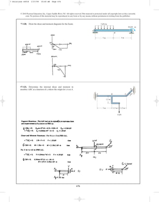 676
© 2010 Pearson Education, Inc., Upper Saddle River, NJ. All rights reserved.This material is protected under all copyright laws as they currently
exist. No portion of this material may be reproduced, in any form or by any means, without permission in writing from the publisher.
*7–120. Draw the shear and moment diagrams for the beam.
5 m 5 m
2 kN/m
A
50 kN  m
B
C
•7–121. Determine the internal shear and moment in
member ABC as a function of x,where the origin for x is at A.
A C
D
B
3 m 1.5 m
1.5 m
1.5 m
6 kN
45
7 Solutions 44918 1/27/09 10:40 AM Page 676
 