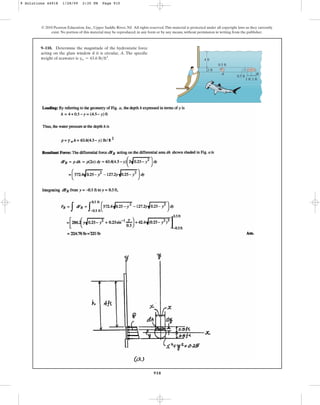 910
9–110. Determine the magnitude of the hydrostatic force
acting on the glass window if it is circular, A. The specific
weight of seawater is .
gw = 63.6 lbft3
© 2010 Pearson Education, Inc., Upper Saddle River, NJ. All rights reserved.This material is protected under all copyright laws as they currently
exist. No portion of this material may be reproduced, in any form or by any means, without permission in writing from the publisher.
4 ft
0.5 ft
0.5 ft
1 ft 1 ft
1 ft
A B
9 Solutions 44918 1/28/09 2:35 PM Page 910
 