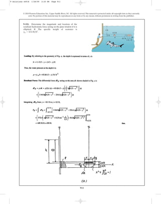 911
9–111. Determine the magnitude and location of the
resultant hydrostatic force acting on the glass window if it is
elliptical, B. The specific weight of seawater is
.
gw = 63.6 lbft3
© 2010 Pearson Education, Inc., Upper Saddle River, NJ. All rights reserved.This material is protected under all copyright laws as they currently
exist. No portion of this material may be reproduced, in any form or by any means, without permission in writing from the publisher.
4 ft
0.5 ft
0.5 ft
1 ft 1 ft
1 ft
A B
9 Solutions 44918 1/28/09 2:35 PM Page 911
 