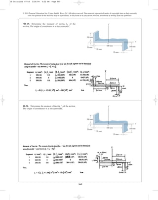 965
•10–49. Determine the moment of inertia of the
section.The origin of coordinates is at the centroid C.
Ix¿
© 2010 Pearson Education, Inc., Upper Saddle River, NJ. All rights reserved.This material is protected under all copyright laws as they currently
exist. No portion of this material may be reproduced, in any form or by any means, without permission in writing from the publisher.
200 mm
600 mm
20 mm
C
y¿
x¿
200 mm
20 mm
20 mm
10–50. Determine the moment of inertia of the section.
The origin of coordinates is at the centroid C.
Iy¿
200 mm
600 mm
20 mm
C
y¿
x¿
200 mm
20 mm
20 mm
10 Solutions 44918 1/28/09 4:22 PM Page 965
 
