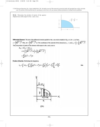 976
10–62. Determine the product of inertia of the quarter
elliptical area with respect to the and axes.
y
x
© 2010 Pearson Education, Inc., Upper Saddle River, NJ. All rights reserved.This material is protected under all copyright laws as they currently
exist. No portion of this material may be reproduced, in any form or by any means, without permission in writing from the publisher.
y
a
b
x
⫹ ⫽ 1
x
2
––
a
2
y
2
––
b
2
10 Solutions 44918 1/28/09 4:22 PM Page 976
 