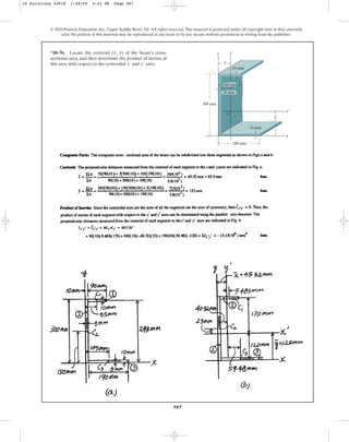 987
© 2010 Pearson Education, Inc., Upper Saddle River, NJ. All rights reserved.This material is protected under all copyright laws as they currently
exist. No portion of this material may be reproduced, in any form or by any means, without permission in writing from the publisher.
*10–76. Locate the centroid ( , ) of the beam’s cross-
sectional area, and then determine the product of inertia of
this area with respect to the centroidal and axes.
y¿
x¿
y
x
x¿
y¿
x
y
300 mm
200 mm
10 mm
10 mm
C
y
x
10 mm
100 mm
10 Solutions 44918 1/28/09 4:22 PM Page 987
 