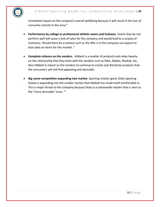 H i b b e t t S p o r t i n g G o o d s I n c . C o m p e t i t i v e A s s e s s m e n t | 10 
immediate impact on the company’s overall wellbeing because it will result in the loss of 
consumer activity in the area.6 
 Performance by college or professional athletic teams and lockouts. Teams that do not 
perform well will cause a lack of sales for the company and would lead to a surplus of 
inventory. Should there be a lockout such as the NHL is in the company can expect to 
lose sales on items for this market. 7 
 Complete reliance on the vendors. Hibbett is a reseller of products and relies heavily 
on the relationship that they have with the vendors such as Nike, Adidas, Reebok, etc. 
Also Hibbett is reliant on the vendors to continue to create and distribute products that 
the consumers will still find appealing and desirable. 
 Big name competition expanding into market. Sporting retailer giant, Dicks Sporting 
Goods is expanding into the smaller market that Hibbett has made itself comfortable in. 
This is major threat to the company because Dicks is a nationwide retailer that is seen as 
the “more desirable” store. 8 
10 | P a g e 
 