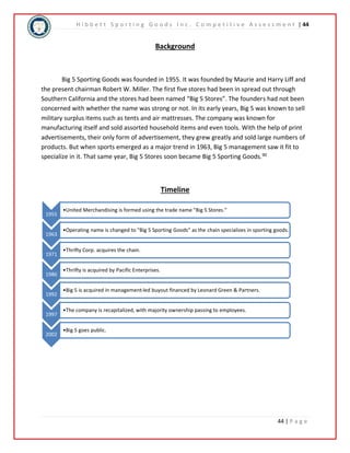 H i b b e t t S p o r t i n g G o o d s I n c . C o m p e t i t i v e A s s e s s m e n t | 44 
44 | P a g e 
Background 
Big 5 Sporting Goods was founded in 1955. It was founded by Maurie and Harry Liff and 
the present chairman Robert W. Miller. The first five stores had been in spread out through 
Southern California and the stores had been named “Big 5 Stores”. The founders had not been 
concerned with whether the name was strong or not. In its early years, Big 5 was known to sell 
military surplus items such as tents and air mattresses. The company was known for 
manufacturing itself and sold assorted household items and even tools. With the help of print 
advertisements, their only form of advertisement, they grew greatly and sold large numbers of 
products. But when sports emerged as a major trend in 1963, Big 5 management saw it fit to 
specialize in it. That same year, Big 5 Stores soon became Big 5 Sporting Goods.90 
Timeline 
1955 
•United Merchandising is formed using the trade name "Big 5 Stores." 
1963 
•Operating name is changed to "Big 5 Sporting Goods" as the chain specializes in sporting goods. 
1971 
•Thrifty Corp. acquires the chain. 
1986 
•Thrifty is acquired by Pacific Enterprises. 
1992 
•Big 5 is acquired in management-led buyout financed by Leonard Green & Partners. 
1997 
•The company is recapitalized, with majority ownership passing to employees. 
2002 
•Big 5 goes public. 
 