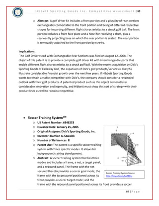 H i b b e t t S p o r t i n g G o o d s I n c . C o m p e t i t i v e A s s e s s m e n t | 69 
o Abstract: A golf driver kit includes a front portion and a plurality of rear portions 
exchangeably connectable to the front portion and being of different respective 
shapes for imparting different flight characteristics to a struck golf ball. The front 
portion includes a front face plate and a hosel for receiving a shaft, plus a 
rearwardly projecting base on which the rear portion is seated. The rear portion 
is removably attached to the front portion by screws. 
Implications 
The Golf Driver Head With Exchangeable Rear Sections was filed on August 12, 2008. The 
object of this patent is to provide a complete golf driver kit with interchangeable parts that 
enable different flight characteristics to a struck golf ball. With the recent acquisition by Dick’s 
Sporting Goods of Callaway Golf, the expansion of Dick’s golf products/services is likely to 
illustrate considerable financial growth over the next few years. If Hibbett Sporting Goods 
wants to remain a viable competitor with Dick’s, the company should consider a revamped 
outlook with their golf products. A patented product such as this object demonstrates 
considerable innovation and ingenuity, and Hibbett must show this sort of strategy with their 
product lines as well to remain competitive. 
Soccer Training System Source: 
http://tinyurl.com/ba7493y 
69 | P a g e 
 Soccer Training System108 
o US Patent Number: 6846253 
o Issuance Date: January 25, 2005 
o Original Assignee: Dick’s Sporting Goods, Inc. 
o Inventor: Damian A. Szwalek 
o Number of References: 8 
o Patent Use: The patent is a specific soccer training 
system with three specific modes. It allows for 
independent training development. 
o Abstract: A soccer training system that has three 
modes and includes a frame, a net, a target panel, 
and a rebound panel. The frame with the net 
secured thereto provides a soccer goal mode; the 
frame with the target panel positioned across its 
front provides a soccer target mode; and the 
frame with the rebound panel positioned across its front provides a soccer 
 