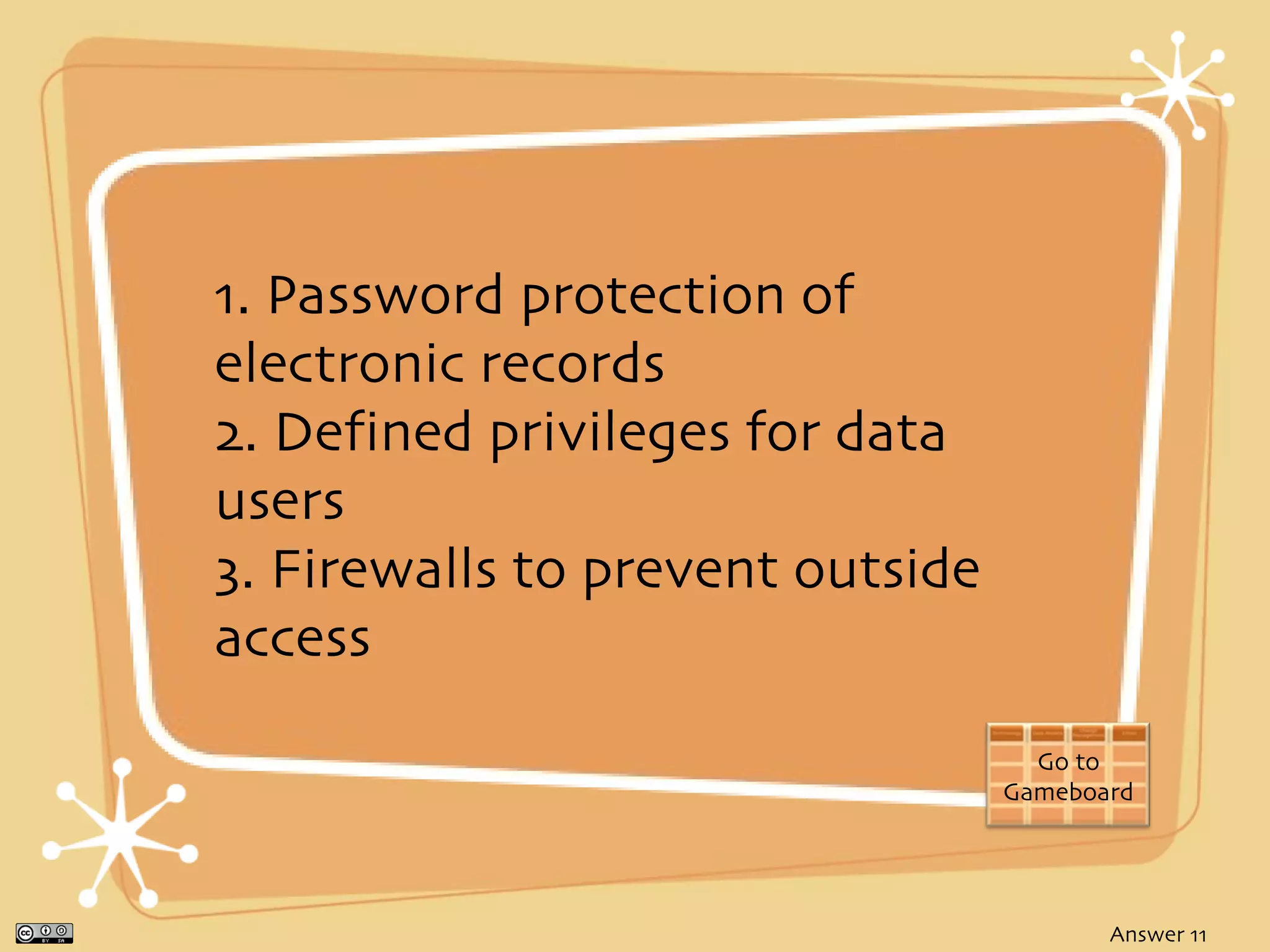 1. Password protection of
electronic records
2. Defined privileges for data
users
3. Firewalls to prevent outside
access
                                    Go to
                                  Gameboard




                                         Answer 11
 