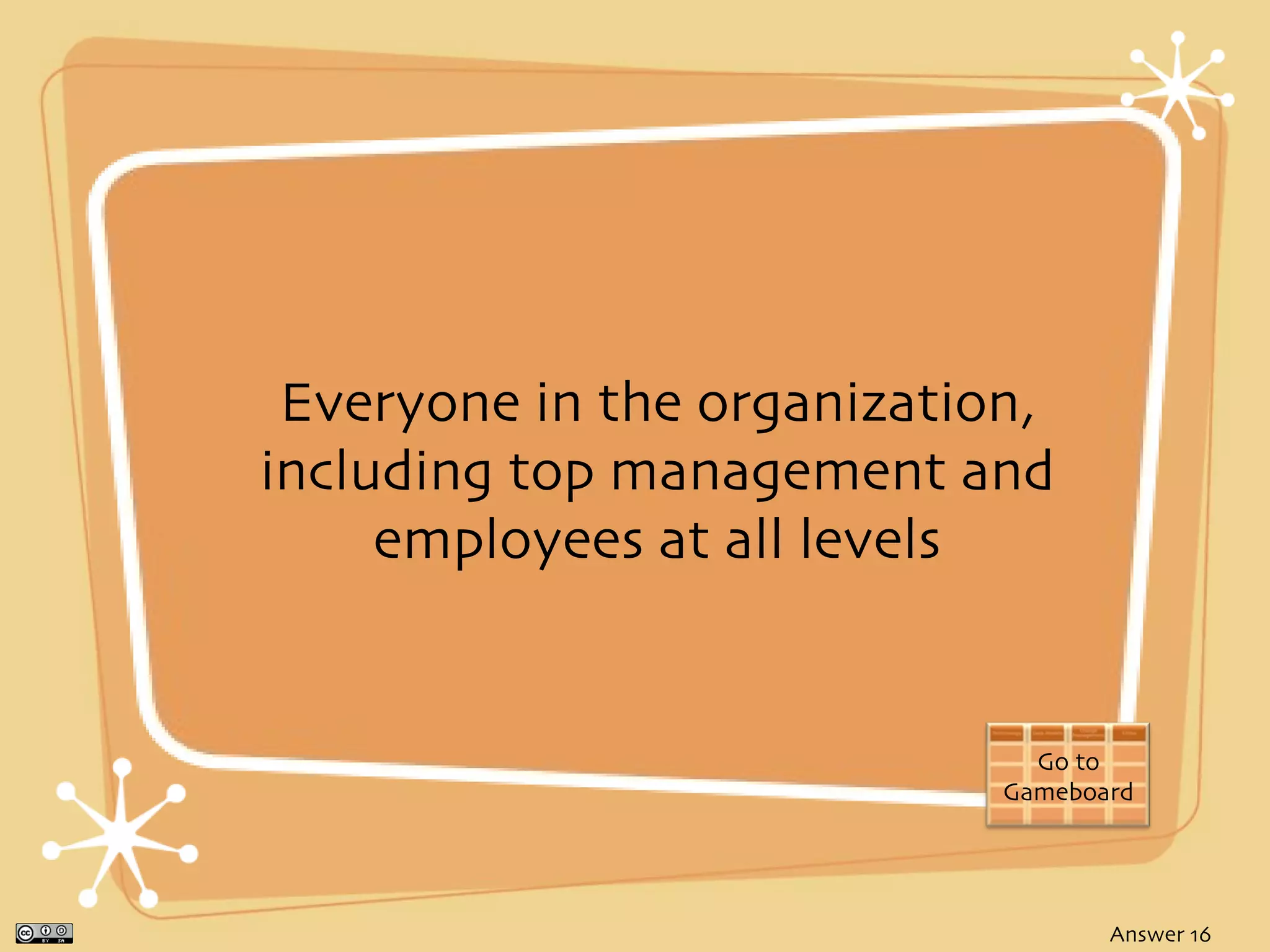 Everyone in the organization,
including top management and
     employees at all levels


                              Go to
                            Gameboard




                                   Answer 16
 