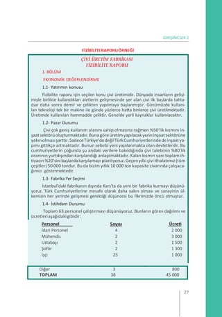 GİRİŞİMCİLİK 2
FİZİBİLİTERAPORUÖRNEĞİ
1. BÖLÜM
ÇİVİ ÜRETİM FABRİKASI
FİZİBİLİTE RAPORU
EKONOMİK DEĞERLENDİRME
1.1- Yatırımın konusu
Fizibilite raporu için seçilen konu çivi üretimidir. Dünyada insanların gelişi-
miyle birlikte kullandıkları aletlerin gelişmesinde yer alan çivi ilk başlarda tahta-
dan daha sonra demir ve çelikten yapılmaya başlanmıştır. Günümüzde kullanı-
lan teknoloji tek bir makine ile günde yüzlerce hatta binlerce çivi üretilmektedir.
Üretimde kullanılan hammadde çeliktir. Genelde yerli kaynaklar kullanılacaktır.
1.2- Pazar Durumu
Çivi çok geniş kullanım alanını sahip olmasına rağmen %50’lik kısmını in-
şaatsektörüoluşturmaktadır.Bunagöre üretimyapılacakyerininşaatsektörüne
yakınolmasışarttır.SadeceTürkiye’dedeğilTürkCumhuriyetlerindedeinşaatya-
pımı gittikçe artmaktadır. Bunun sebebi yeni yapılanmakta olan devletlerdir. Bu
cumhuriyetlerin çoğunda şu andaki verilere bakıldığında çivi talebinin %80’lik
oranının yurtdışından karşılandığı anlaşılmaktadır. Kalan kısmın yani toplam ih-
tiyacın%20’sinibaşlardakarşılamayıplanlıyoruz.Geçenyılkiçiviithalatımız(tüm
çeşitler) 50 000 tondur. Bu da bizim yıllık 10 000 ton kapasite civarında çalışaca-
ğımızı göstermektedir.
1.3- Fabrika Yer Seçimi
İstanbul’daki fabrikanın dışında Kars’ta da yeni bir fabrika kurmayı düşünü-
yoruz. Türk Cumhuriyetlerine mesafe olarak daha yakın olması ve sanayinin ül-
kemizin her yerinde gelişmesi gerektiği düşüncesi bu fikrimizde öncü olmuştur.
1.4- İstihdam Durumu
Toplam 63 personel çalıştırmayı düşünüyoruz. Bunların görev dağılımı ve
ücretleriaşağıdakigibidir:
Personel Sayısı Ücreti
İdari Personel 4 2 000
Mühendis 2 3 000
Ustabaşı 2 1 500
Şoför 2 1 300
İşçi 25 1 000
Diğer 3 800
TOPLAM 38 45 000
27
 