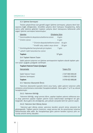 GİRİŞİMCİLİK 2
3.3- İşletme Sermayesi
Tesisin çalıştırılması için gerekli asgari işletme sermayesi, çalışma devri kat-
sayısına bağlı olduğundan, öncelikle çalışma devri katsayısı hesaplanmış, daha
sonra yıllık işletme giderleri toplamı çalışma devri katsayısına bölünerek yıllık
asgari işletme sermayesi bulunmuştur.
İşlemler Ortalama Süre
* Hammaddenindepolamabeklemesüresi 8 gün
* Üretim süresi 6 gün
* Ürünündepodabeklemesüresi 16 gün
* Kredili satış vadesi veya süresi 20 gün
* Günlükgiderlerikarşılamakiçintoplam 7 gün
* yeterli nakit bulundurma süresi
Toplam 57 gün
3.4- Toplam Yatırım Tutarı
Sabit yatırım tutarının ve işletme sermayesinin toplamı olarak toplam yatı-
rım tutarı aşağıda çizelgede verilmiştir.
ToplamYatırımTutarı Çizelgesi
Harcamalar Tutarı (TL)
Sabit Yatırım Tutarı 2 507 800 000,00
İşletme Sermayesi 1 068 622 000,00
Toplam 3 576 422 000,00
3.5- Yatırımın Ekonomik Ömrü
Yatırımın ekonomik (yararlı) ömrü arsa hariç, sabit yatırım tutarının yıllık
ortalama amortismana oranından hesaplanmaktadır. Buna göre 7 yıl 9 ay olarak
hesaplanmıştır.
3.6.1- Yatırımın Kârlılığı
Yatırımın kârlılığı, vergi sonrası kârın, yapılan toplam yatırım miktarına ora-
nı olup yatırımın yapılan toplam yatırım tutarı bakımından karlılığının bir gös-
tergesidir. Buna göre ele alındığında, çok yüksek seviyede kârlı bir yatırım sayılır.
3.6.2- Yatırımın Geri Dönüş Süresi
Yatırımın geri dönüş süresi, yatırımın kendini amorti etme süresinin bir
göstergesidir. Toplam yatırım tutarının, vergi sonrası kâr ile amortisman tutarına
bölünmesiyle elde edilir. Bu hesaplamaya göre yatırım kendini üçüncü yılın so-
nunda amorti etmiş olacaktır.
30
 