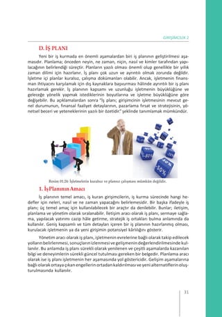 GİRİŞİMCİLİK 2
D. İŞ PLANI
Yeni bir iş kurmada en önemli aşamalardan biri iş planının geliştirilmesi aşa-
masıdır. Planlama; önceden neyin, ne zaman, niçin, nasıl ve kimler tarafından yapı-
lacağının belirlendiği süreçtir. Planların yazılı olması önemli olup genellikle bir yıllık
zaman dilimi için hazırlanır. İş planı çok uzun ve ayrıntılı olmak zorunda değildir.
İşletme içi planlar kuralsız, çalışma dokümanları olabilir. Ancak, işletmenin finans-
man ihtiyacını karşılamak için dış kaynaklara başvurması hâlinde ayrıntılı bir iş planı
hazırlamak gerekir. İş planının kapsamı ve uzunluğu işletmenin büyüklüğüne ve
geleceğe yönelik yapmak istediklerinin boyutlarına ve işletme büyüklüğüne göre
değişebilir. Bu açıklamalardan sonra “İş planı; girişimcinin işletmesinin mevcut ge-
nel durumunun, fınansal faaliyet detaylarının, pazarlama fırsat ve stratejisinin, yö-
netsel beceri ve yeteneklerinin yazılı bir özetidir.”şeklinde tanımlamak mümkündür.
Resim 01.24: İşletmelerin kuralsız ve plansız çalışması mümkün değildir.
1. İşPlanınınAmacı
İş planının temel amacı, iş kuran girişimcilerin, iş kurma sürecinde hangi he-
defler için neleri, nasıl ve ne zaman yapacağını belirlemesidir. Bir başka ifadeyle iş
planı; üç temel amaç için kullanılabilecek bir araçtır da denilebilir. Bunlar; iletişim,
planlama ve yönetim olarak sıralanabilir. İletişim aracı olarak iş planı, sermaye sağla-
ma, yapılacak yatırımı cazip hâle getirme, stratejik iş ortakları bulma anlamında da
kullanılır. Geniş kapsamlı ve tüm detayları içeren bir iş planının hazırlanmış olması,
kurulacak işletmenin ya da yeni girişimin potansiyel kârlılığını gösterir.
Yönetim aracı olarak iş planı, işletmenin evrelerine bağlı olarak takip edilecek
yollarınbelirlenmesi,sonuçlarınizlenmesi vegelişmenin değerlendirilmesinde kul-
lanılır. Bu anlamda iş planı sürekli olarak yenilenen ve çeşitli aşamalarda kazanılan
bilgi ve deneyimlerin sürekli güncel tutulması gereken bir belgedir. Planlama aracı
olarak ise iş planı işletmenin her aşamasında yol göstericidir. Gelişim aşamalarına
bağlı olarak ortaya çıkan engellerin ortadan kaldırılması ve yeni alternatiflerin oluş-
turulmasında kullanılır.
31
 