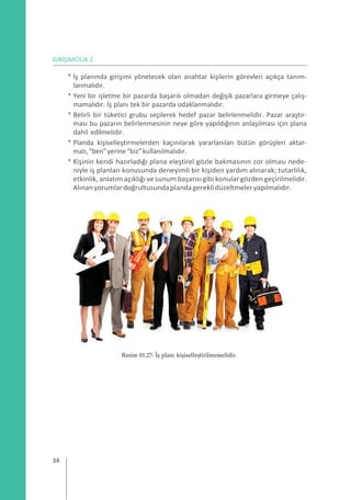 GİRİŞİMCİLİK 2
* İş planında girişimi yönetecek olan anahtar kişilerin görevleri açıkça tanım-
lanmalıdır.
* Yeni bir işletme bir pazarda başarılı olmadan değişik pazarlara girmeye çalış-
mamalıdır. İş planı tek bir pazarda odaklanmalıdır.
* Belirli bir tüketici grubu seçilerek hedef pazar belirlenmelidir. Pazar araştır-
ması bu pazarın belirlenmesinin neye göre yapıldığının anlaşılması için plana
dahil edilmelidir.
* Planda kişiselleştirmelerden kaçınılarak yararlanılan bütün görüşleri aktar-
malı,“ben”yerine“biz”kullanılmalıdır.
* Kişinin kendi hazırladığı plana eleştirel gözle bakmasının zor olması nede-
niyle iş planları konusunda deneyimli bir kişiden yardım alınarak; tutarlılık,
etkinlik, anlatımaçıklığı vesunum başarısı gibi konulargözden geçirilmelidir.
Alınanyorumlardoğrultusundaplandagereklidüzeltmeleryapılmalıdır.
Resim 01.27: İş planı kişiselleştirilmemelidir.
34
 