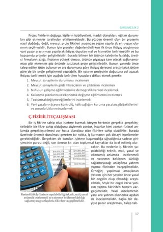 GİRİŞİMCİLİK 2
Proje; fikirlerin doğuşu, kişilerin kabiliyetleri, maddi olanakları, eğitim durum-
ları gibi etmenler tarafından etkilenmektedir. Bu yüzden önemli olan bir projenin
nasıl doğduğu değil, mevcut proje fikirleri arasından seçim yapılarak en uygun ola-
nının seçilmesidir. Bunun için projeler değerlendirilirken ilk önce ihtiyaç araştırması
yani pazar araştırması yapılarak ihtiyaç duyulan mal ve hizmetler belirlenebilir ve bu
kapsamda projeler geliştirilebilir. Burada bilinen bir ürünün talebinin fazlalığı, üreti-
ci firmaların azlığı, fiyatının yüksek olması, ürünün piyasaya tam olarak sağlanama-
ması gibi etmenler göz önünde tutularak proje geliştirilebilir. Bunun yanında önce
talep edilen ürün bulunur ve arz durumuna göre ihtiyaç derecesi araştırılarak ürüne
göre de bir proje geliştirmesi yapılabilir. Bir yatırım projesinin doğuşuna yol açacak
ihtiyacı belirlemek için aşağıda belirtilen hususlara dikkat etmek gerekir:
1. Mevcut sanayilerin durumunu incelemek
2. Mevcut sanayilerin girdi ihtiyaçlarını ve çıktılarını incelemek
3. Nüfusungelişmeeğilimlerinivedemografikverileriincelemek
4. Kalkınma planlarını veekonomikdeğişmeeğilimleriniincelemek
5. Toplumsal değişmeeğilimlerini incelemek
6. Yeni yasaların (çevre kontrolü, halk sağlığını koruma yasaları gibi) etkilerini
vezorunluluklarınıincelemek
Ç.FİZİBİLİTEÇALIŞMASI
Bir iş fikrine sahip olup işletme kurmak isteyen herkesin gerçekte gerçekleş-
tirilebilir bir fikre sahip olduğunu söylemek zordur. İnsanlar kimi zaman fiziksel an-
lamda gerçekleştirilmesi zor hatta olanaksız olan fikirlere sahip olabilirler. Burada
üzerinde önemle durulması gereken bir nokta, iş kurmanın çok detaylı incelemeler
gerektirdiğidir. Gerçekten de kurulan işletme başarısızlığa uğradığında sadece giri-
şimcinin parası değil, son derece kıt olan toplumsal kaynaklar da israf edilmiş ola-
caktır. Bu nedenle iş fikrinin ya-
pılabilirliği teknik, mali, yasal ve
ekonomik anlamda incelenmeli
ve yatırımın beklenen kârlılığı
sağlamayacağı anlaşılırsa yatırım
yapma fikrinden vazgeçilmelidir.
Örneğin; yapılması amaçlanan
yatırım için her şeyden önce yasal
bir engelin olup olmadığı araştı-
rılmalı, böyle bir engel varsa yatı-
rım yapma fikrinden hemen vaz-
geçilmelidir. Yasal incelemenin
Resim01.09:İşfikrininyapılabilirliğiteknik,mali,yasal
anlamda incelenmeli ve yatırımın beklenen kârlılığı
sağlamayacağı anlaşılırsa fikirden vazgeçilmelidir.
yanı sıra yatırım ekonomik açıdan
da incelenmelidir. Başka bir de-
yişle pazar araştırması, talep tah-
17
 