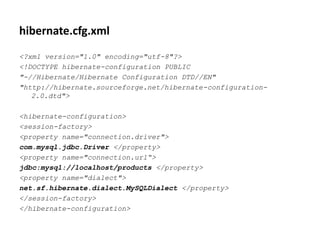 hibernate.cfg.xml
<?xml version="1.0" encoding="utf-8"?>
<!DOCTYPE hibernate-configuration PUBLIC
"-//Hibernate/Hibernate Configuration DTD//EN"
"http://hibernate.sourceforge.net/hibernate-configuration-
2.0.dtd">
<hibernate-configuration>
<session-factory>
<property name="connection.driver">
com.mysql.jdbc.Driver </property>
<property name="connection.url“>
jdbc:mysql://localhost/products </property>
<property name="dialect">
net.sf.hibernate.dialect.MySQLDialect </property>
</session-factory>
</hibernate-configuration>
 