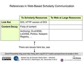 References in Web-Based Scholarly Communication

To Scholarly Resources
Link Rot

DOI, HTTP version of DOI

Content Decay

To Web at Large Resources

Fixity of content
Archiving: CLoCKSS,
LoCKSS, Portico, Keepers
Registry, …

There are issues here too, see
David Rosenthal blog post http://blog.dshr.org/2013/11/patio-perspectives-at-anadp-ii.html
Herbert Van de Sompel, Martin Klein – Hiberlink
CNI Fall 2013, Washington, DC, December 9 2013

 