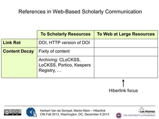 References in Web-Based Scholarly Communication

To Scholarly Resources
Link Rot

DOI, HTTP version of DOI

Content Decay

To Web at Large Resources

Fixity of content
Archiving: CLoCKSS,
LoCKSS, Portico, Keepers
Registry, …

Hiberlink focus

Herbert Van de Sompel, Martin Klein – Hiberlink
CNI Fall 2013, Washington, DC, December 9 2013

 