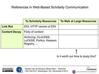 References in Web-Based Scholarly Communication

To Scholarly Resources
Link Rot

DOI, HTTP version of DOI

Content Decay

To Web at Large Resources

Fixity of content
Archiving: CLoCKSS,
LoCKSS, Portico, Keepers
Registry, …

Is it worth our time to study this?

Herbert Van de Sompel, Martin Klein – Hiberlink
CNI Fall 2013, Washington, DC, December 9 2013

 