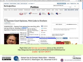 Right Click Link Get near current time (done on Nov 25 2013)
http://blogs.law.harvard.edu/futureoftheinternet/2013/09/22/perma/
enabler: <a href=“URI-R”>

Herbert Van de Sompel, Martin Klein – Hiberlink
CNI Fall 2013, Washington, DC, December 9 2013

 