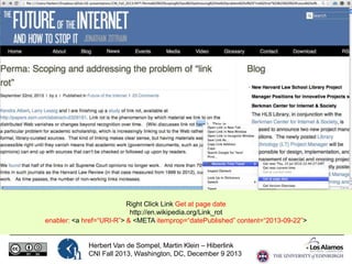 Right Click Link Get at page date
http://en.wikipedia.org/Link_rot
enabler: <a href=“URI-R”> & <META itemprop=“datePublished” content=“2013-09-22”>

Herbert Van de Sompel, Martin Klein – Hiberlink
CNI Fall 2013, Washington, DC, December 9 2013

 