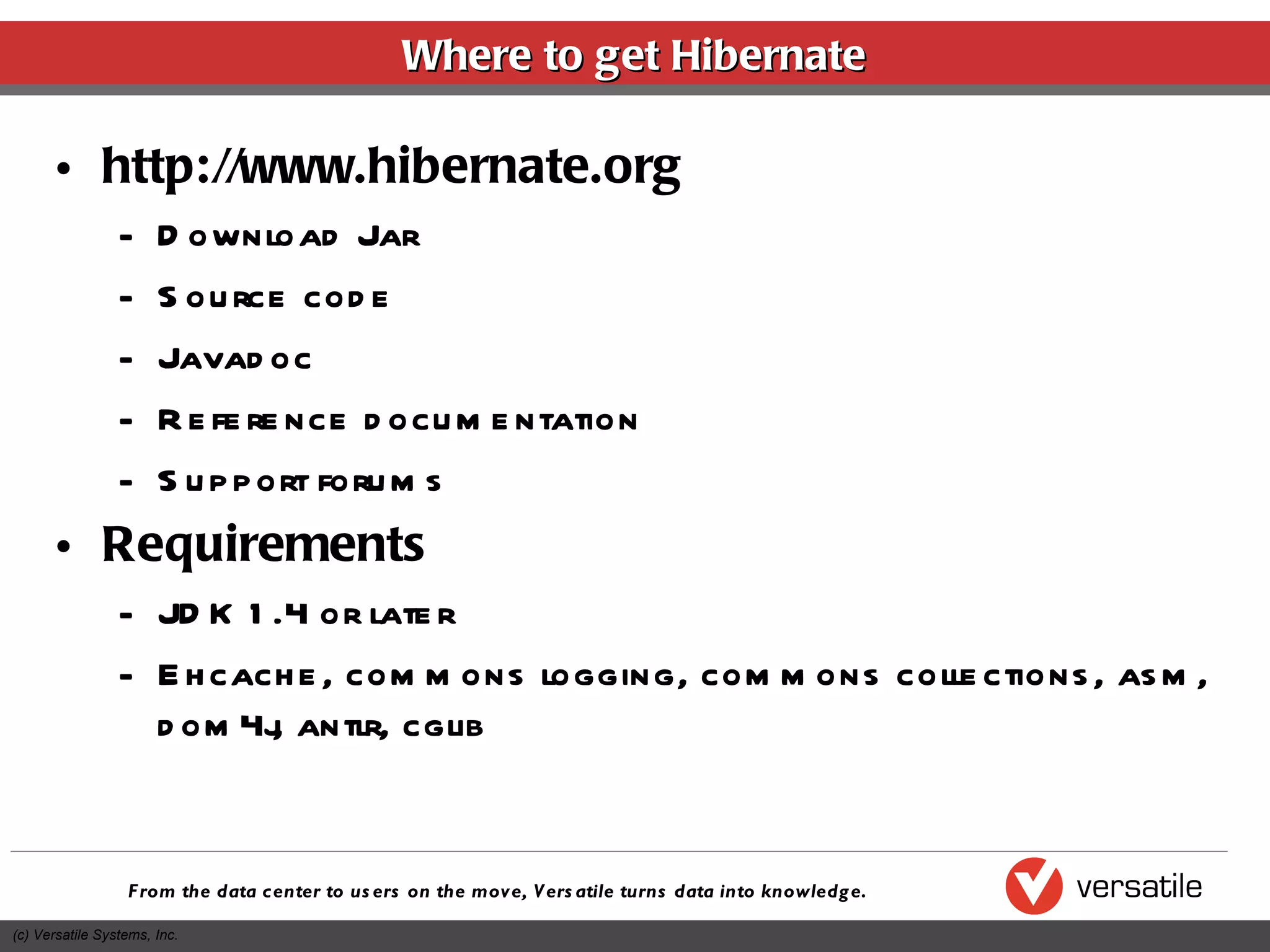 Where to get Hibernate http://www.hibernate.org Download Jar Source code Javadoc Reference documentation Support forums Requirements JDK 1.4 or later Ehcache, commons logging, commons collections, asm, dom4j, antlr, cglib 