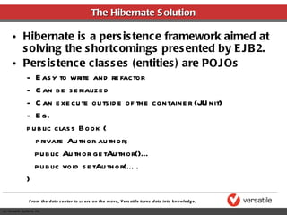 The Hibernate Solution Hibernate is a persistence framework aimed at solving the shortcomings presented by EJB2. Persistence classes (entities) are POJOs Easy to write and refactor Can be serialized Can execute outside of the container (JUnit) Eg. public class Book { private Author author; public Author getAuthor()… public void setAuthor(…. } 