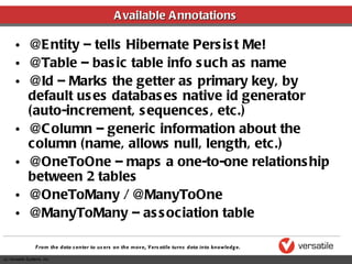 Available Annotations @Entity – tells Hibernate Persist Me! @Table – basic table info such as name @Id – Marks the getter as primary key, by default uses databases native id generator (auto-increment, sequences, etc.) @Column – generic information about the column (name, allows null, length, etc.) @OneToOne – maps a one-to-one relationship between 2 tables @OneToMany / @ManyToOne @ManyToMany – association table 