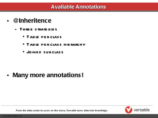 Available Annotations @Inheritence Three strategies Table per class Table per class hierarchy Joined subclass Many more annotations! 