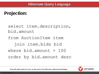 Hibernate Query Language Projection: select item.description, bid.amount from AuctionItem item join item.bids bid where bid.amount > 100 order by bid.amount desc 