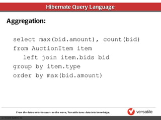 Hibernate Query Language Aggregation: select max(bid.amount), count(bid) from AuctionItem item left join item.bids bid group by item.type order by max(bid.amount) 