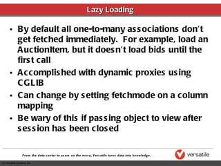 Lazy Loading By default all one-to-many associations don’t get fetched immediately.  For example, load an AuctionItem, but it doesn’t load bids until the first call Accomplished with dynamic proxies using CGLIB Can change by setting fetchmode on a column mapping Be wary of this if passing object to view after session has been closed 