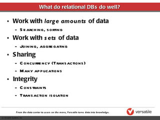 Work with  large amounts  of data Searching, sorting Work with  sets  of data Joining, aggregating Sharing Concurrency (Transactions) Many applications Integrity Constraints Transaction isolation What do relational DBs do well? 