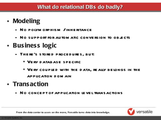 Modeling No polymorphism / inheritance No support for automatic conversion to objects Business logic There’s stored procedures, but: Very database specific Very coupled with the data, really belongs in the application domain Transaction No concept of application level transactions What do relational DBs do badly? 