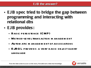 EJB the answer? EJB spec tried to bridge the gap between programming and interacting with relational dbs EJB provides: Basic persistence (CMP) Method-level transaction management Automatic management of associations EJBQL provides a very basic object query language 