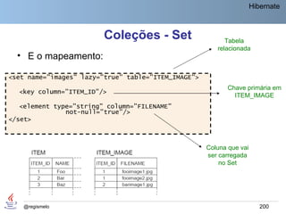 Hibernate



                         Coleções - Set                    Tabela
                                                        relacionada
  • E o mapeamento:

<set name="images" lazy="true" table="ITEM_IMAGE">
                                                            Chave primária em
  <key column="ITEM_ID"/>
                                                              ITEM_IMAGE
   <element type="string" column="FILENAME"
               not-null="true"/>
</set>



                                                     Coluna que vai
                                                     ser carregada
                                                         no Set




    @regismelo                                                           200
 