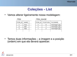 Hibernate



                  Coleções - List
• Vamos alterar ligeiramente nossa modelagem:




• Temos duas informações – a imagem e a posição
  (ordem) em que ela deverá aparecer.




 @regismelo                                          201
 