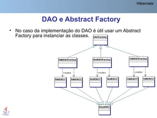 Hibernate



              DAO e Abstract Factory
• No caso da implementação do DAO é útil usar um Abstract
  Factory para instanciar as classes.




 @regismelo                                                 65
 