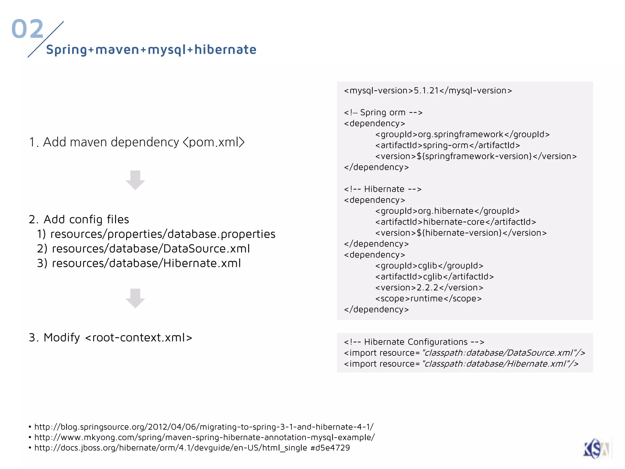 02
     Spring+maven+mysql+hibernate

                                                                             <mysql-version>5.1.21</mysql-version>

                                                                             <!– Spring orm -->
                                                                             <dependency>
                                                                                    <groupId>org.springframework</groupId>
 1. Add maven dependency <pom.xml>                                                  <artifactId>spring-orm</artifactId>
                                                                                    <version>${springframework-version}</version>
                                                                             </dependency>

                                                                             <!-- Hibernate -->
                                                                             <dependency>
                                                                                    <groupId>org.hibernate</groupId>
 2. Add config files                                                                <artifactId>hibernate-core</artifactId>
  1) resources/properties/database.properties                                       <version>${hibernate-version}</version>
                                                                             </dependency>
  2) resources/database/DataSource.xml                                       <dependency>
  3) resources/database/Hibernate.xml                                               <groupId>cglib</groupId>
                                                                                    <artifactId>cglib</artifactId>
                                                                                    <version>2.2.2</version>
                                                                                    <scope>runtime</scope>
                                                                             </dependency>


 3. Modify <root-context.xml>                                                <!-- Hibernate Configurations -->
                                                                             <import resource="classpath:database/DataSource.xml"/>
                                                                             <import resource="classpath:database/Hibernate.xml"/>




 • http://blog.springsource.org/2012/04/06/migrating-to-spring-3-1-and-hibernate-4-1/
 • http://www.mkyong.com/spring/maven-spring-hibernate-annotation-mysql-example/
 • http://docs.jboss.org/hibernate/orm/4.1/devguide/en-US/html_single #d5e4729
 