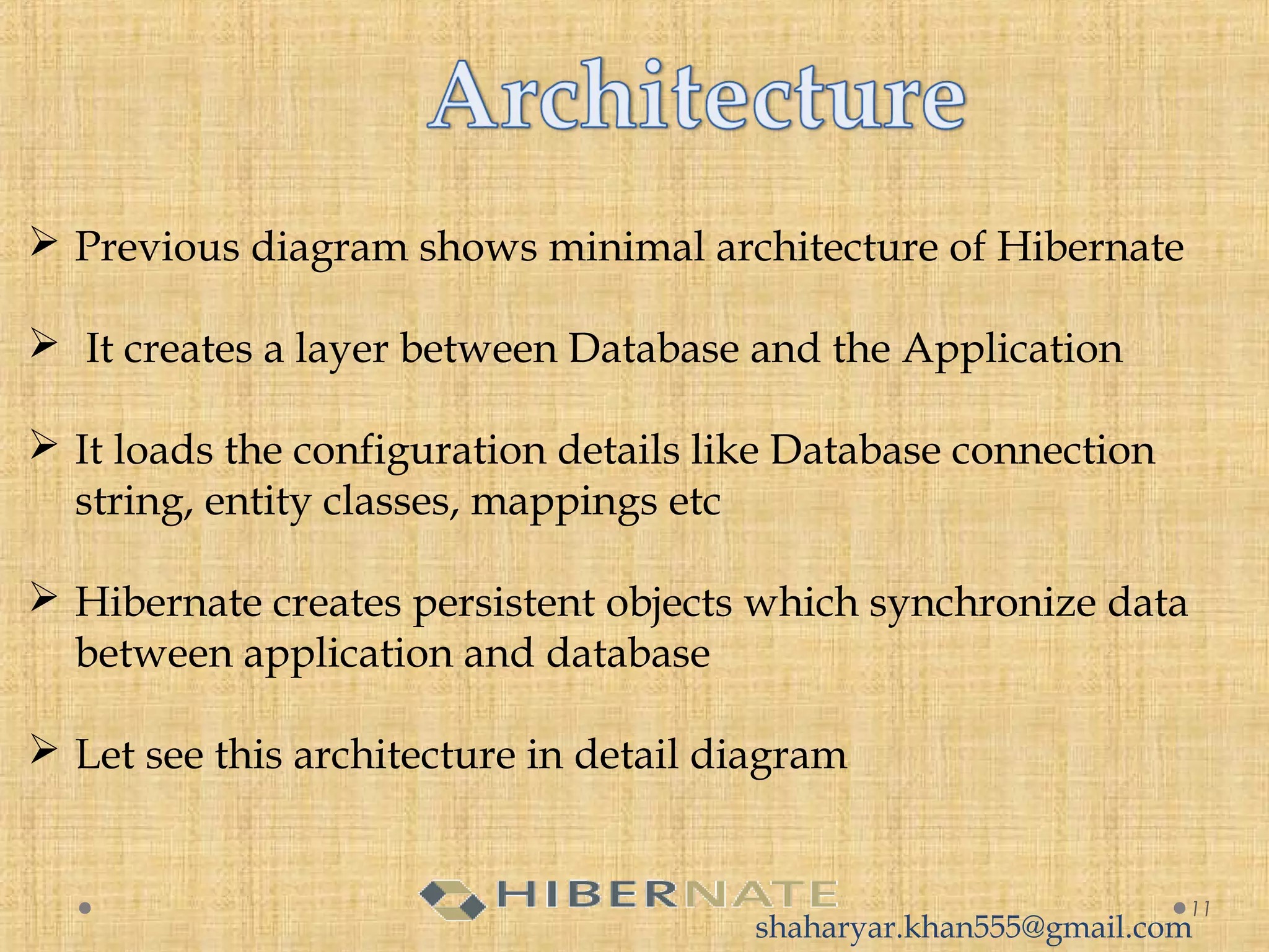  Previous diagram shows minimal architecture of Hibernate
 It creates a layer between Database and the Application
 It loads the configuration details like Database connection
string, entity classes, mappings etc
 Hibernate creates persistent objects which synchronize data
between application and database
 Let see this architecture in detail diagram
11
shaharyar.khan555@gmail.com
 