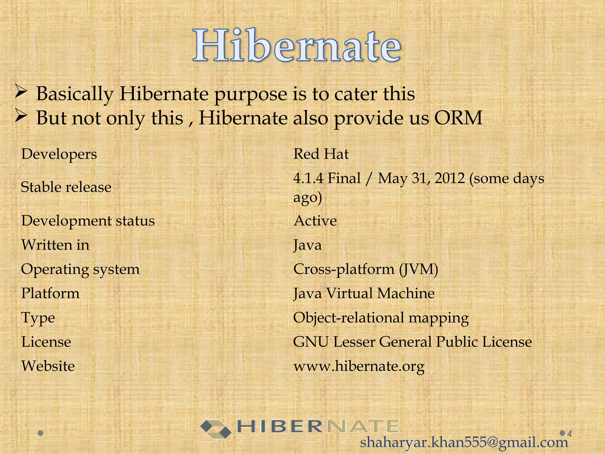  Basically Hibernate purpose is to cater this
 But not only this , Hibernate also provide us ORM
4
Developers Red Hat
Stable release
4.1.4 Final / May 31, 2012 (some days
ago)
Development status Active
Written in Java
Operating system Cross-platform (JVM)
Platform Java Virtual Machine
Type Object-relational mapping
License GNU Lesser General Public License
Website www.hibernate.org
shaharyar.khan555@gmail.com
 