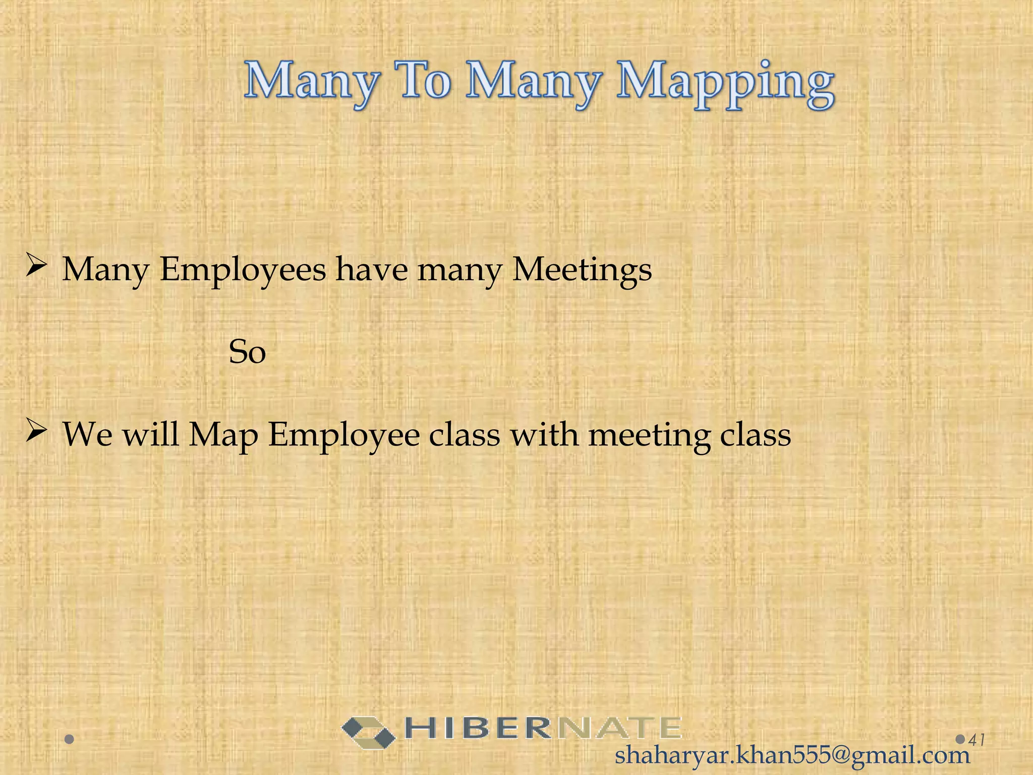 41
 Many Employees have many Meetings
So
 We will Map Employee class with meeting class
shaharyar.khan555@gmail.com
 