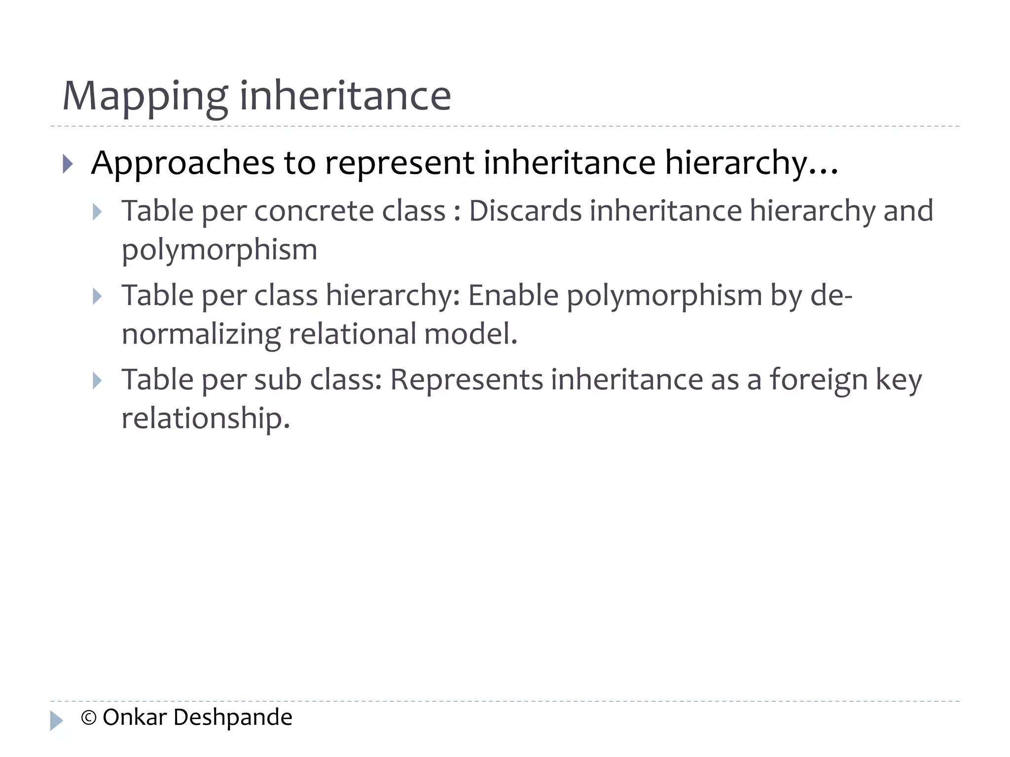 Mapping inheritance 
 Approaches to represent inheritance hierarchy… 
 Table per concrete class : Discards inheritance hierarchy and 
polymorphism 
 Table per class hierarchy: Enable polymorphism by de-normalizing 
relational model. 
 Table per sub class: Represents inheritance as a foreign key 
relationship. 
© Onkar Deshpande 
 
