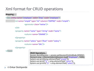 Xml format for CRUD operations 
Mapping…. 
<class entity-name="employee" table="Emp" node="employee"> 
<id name="empId" type="int" column="EMPNO" node="empId"> 
<generator class="native"/> 
</id> 
<property name="name" type="string" node="name"> 
<column name="ENAME"/> 
</property> 
<property name="salary" type="float" node="salary"> 
<column name="SAL"/> 
</property> 
</class> 
CRUD Operations… 
Session dom4jSession = session.getSession(EntityMode.DOM4J); 
Element emp = (Element)dom4jSession.load("Employee", 7499); 
System.out.print(emp.elementText("empId")); 
System.out.print("t" + emp.elementText("name")); 
System.out.println("t" + emp.elementText("salary")); 
© Onkar Deshpande 
 