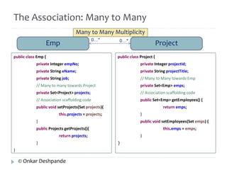 The Association: Many to Many 
Many to Many Multiplicity 
Emp Project 0…* 0…* 
public class Emp { 
private Integer empNo; 
private String eName; 
private String job; 
// Many to many towards Project 
private Set<Project> projects; 
// Association scaffolding code 
public void setProjects(Set projects){ 
this.projects = projects; 
} 
public Projects getProjects(){ 
return projects; 
} 
} 
public class Project { 
private Integer projectId; 
private String projectTitle; 
// Many to Many towards Emp 
private Set<Emp> emps; 
// Association scaffolding code 
public Set<Emp> getEmployees() { 
return emps; 
} 
public void setEmployees(Set emps) { 
this.emps = emps; 
} 
} 
© Onkar Deshpande 
 
