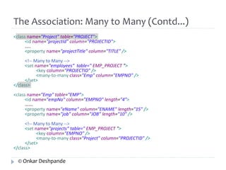 The Association: Many to Many (Contd...) 
<class name="Project" table="PROJECT"> 
<id name="projectId" column="PROJECTID"> 
….. 
<property name="projectTitle" column="TITLE" /> 
<!-- Many to Many --> 
<set name="employees“ table=" EMP_PROJECT "> 
<key column="PROJECTID" /> 
<many-to-many class="Emp" column="EMPNO" /> 
</set> 
</class> 
<class name="Emp" table="EMP"> 
<id name="empNo" column="EMPNO" length="4"> 
……. 
<property name="eName" column="ENAME" length="15" /> 
<property name="job" column="JOB" length="10" /> 
<!-- Many to Many --> 
<set name="projects“ table=" EMP_PROJECT "> 
<key column="EMPNO" /> 
<many-to-many class="Project" column="PROJECTID" /> 
</set> 
</class> 
© Onkar Deshpande 
 