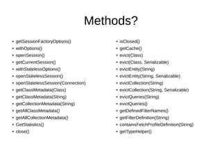 Methods?
● getSessionFactoryOptions()
●
withOptions()
● openSession()
●
getCurrentSession()
● withStatelessOptions()
● openStatelessSession()
●
openStatelessSession(Connection)
● getClassMetadata(Class)
●
getClassMetadata(String)
● getCollectionMetadata(String)
● getAllClassMetadata()
●
getAllCollectionMetadata()
● GetStatistics()
●
close()
● isClosed()
●
getCache()
● evict(Class)
●
evict(Class, Serializable)
● evictEntity(String)
● evictEntity(String, Serializable)
●
evictCollection(String)
● evictCollection(String, Serializable)
●
evictQueries(String)
● evictQueries()
● getDefinedFilterNames()
●
getFilterDefinition(String)
● containsFetchProfileDefinition(String)
●
getTypeHelper()
 