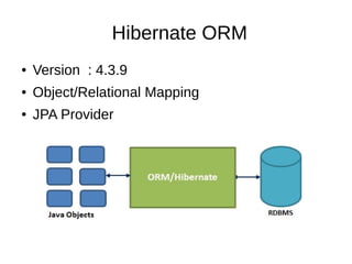 Hibernate ORM
● Version : 4.3.9
● Object/Relational Mapping
● JPA Provider
 