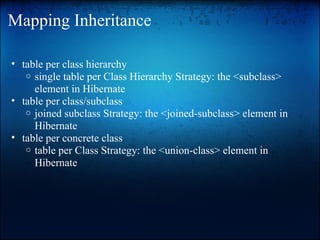 Mapping Inheritance
• table per class hierarchy
o single table per Class Hierarchy Strategy: the <subclass>
element in Hibernate
• table per class/subclass
o joined subclass Strategy: the <joined-subclass> element in
Hibernate
• table per concrete class
o table per Class Strategy: the <union-class> element in
Hibernate
 